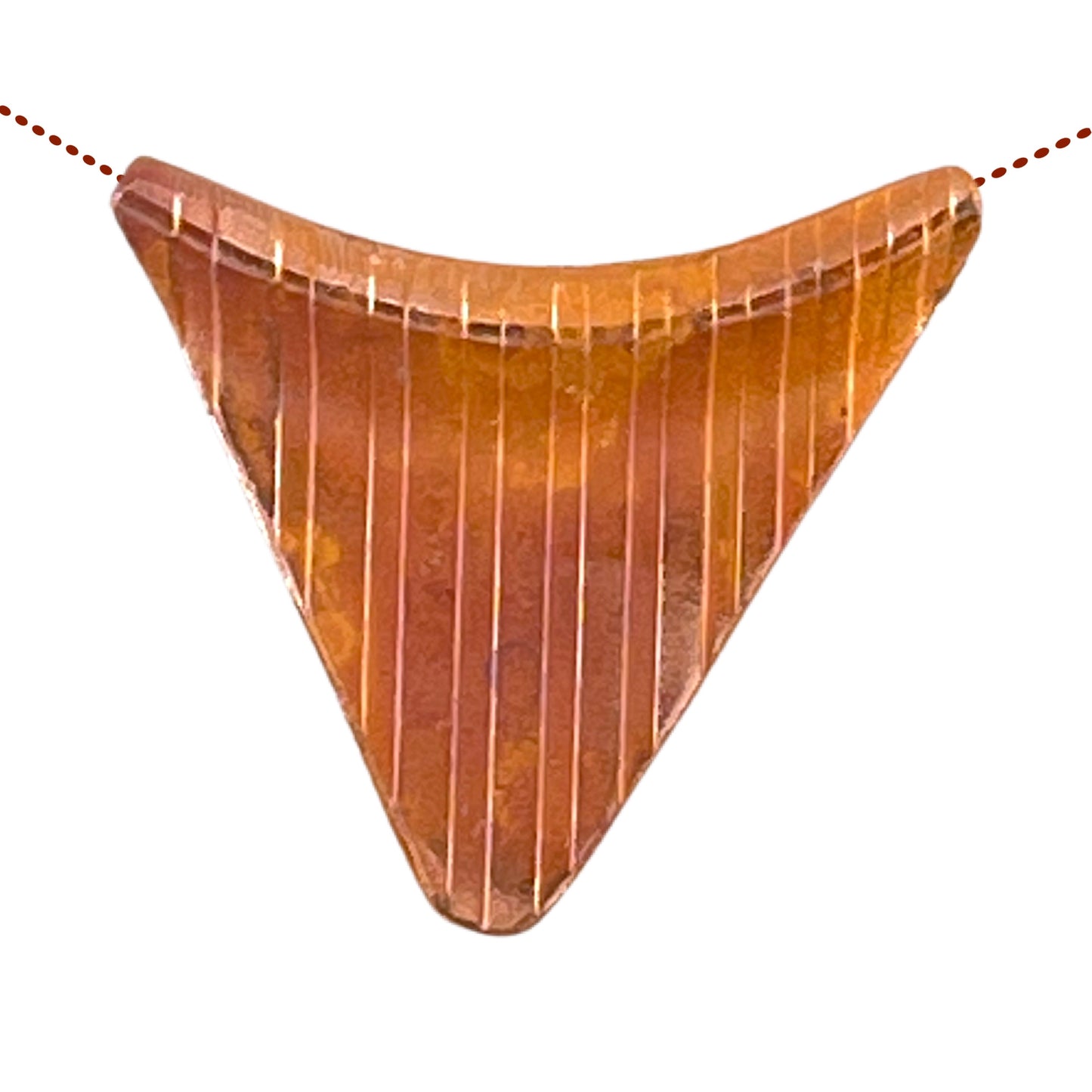 Handcrafted copper triangle bead with red-orange flame patina and double-sided texture