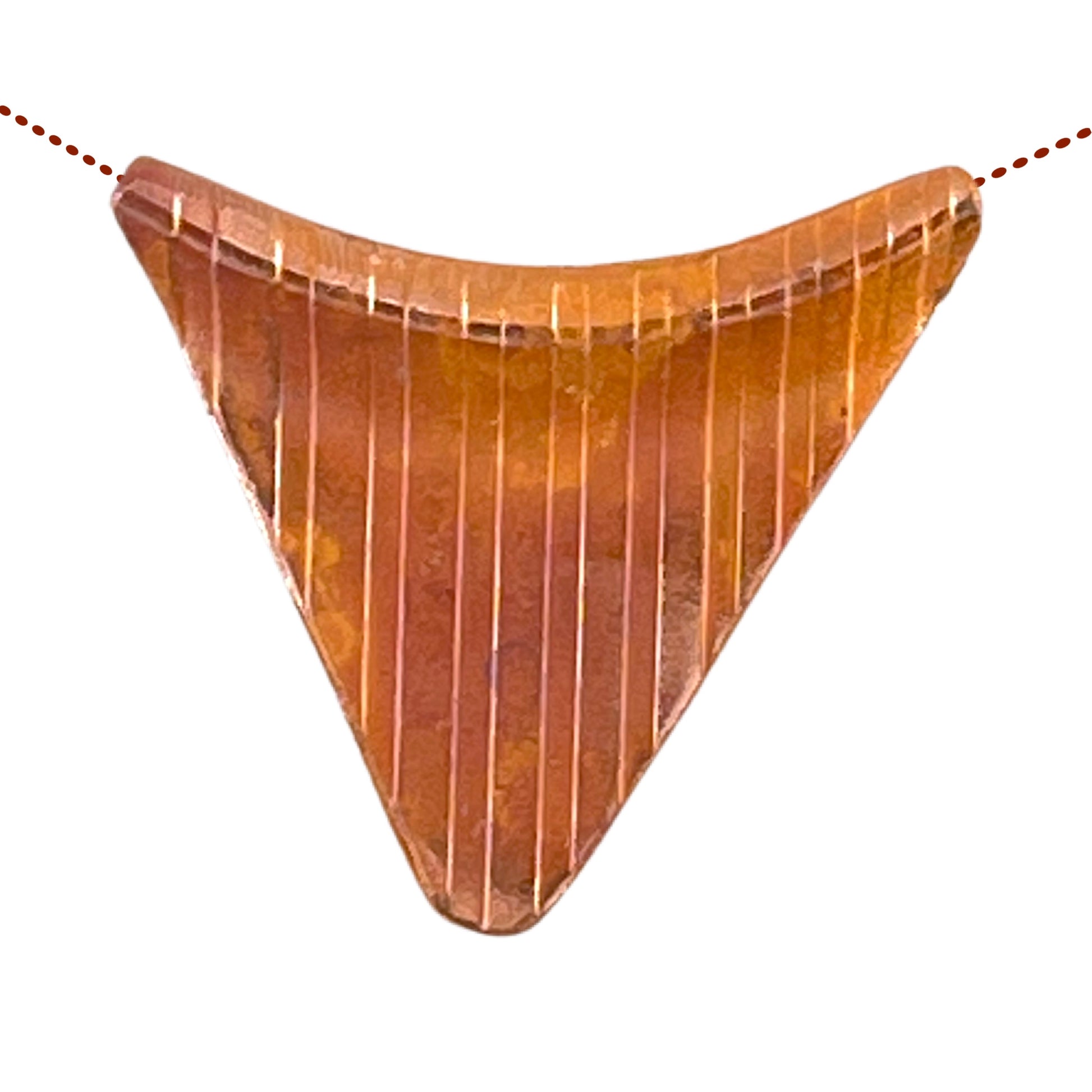 Handcrafted copper triangle bead with red-orange flame patina and double-sided texture