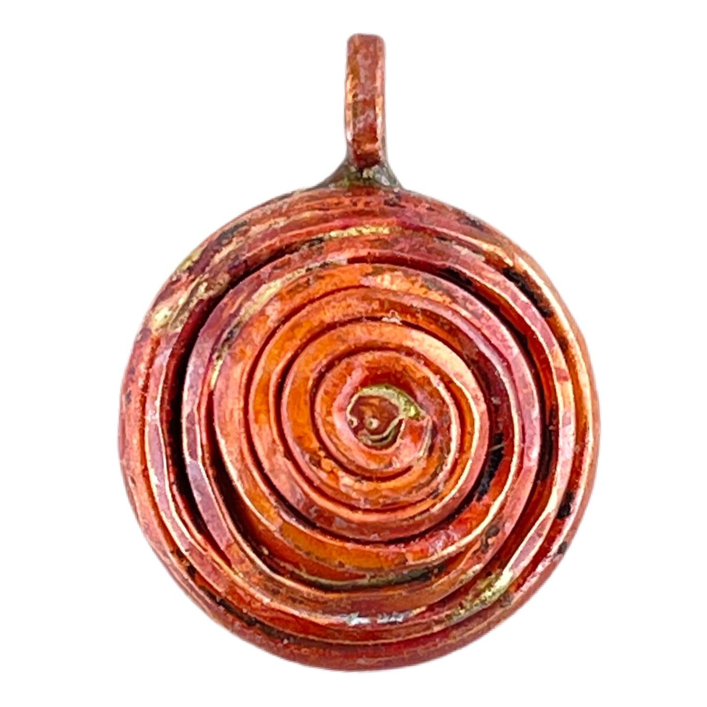 Copper spiral charm reversible with puffy front and textured back, right angle bail