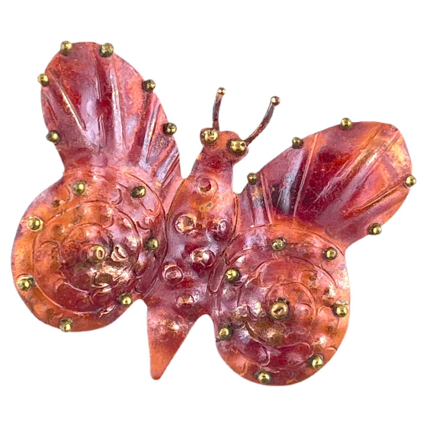 Handmade copper and brass butterfly pendant with angled bail, flame-patinated finish, and brass ball accents