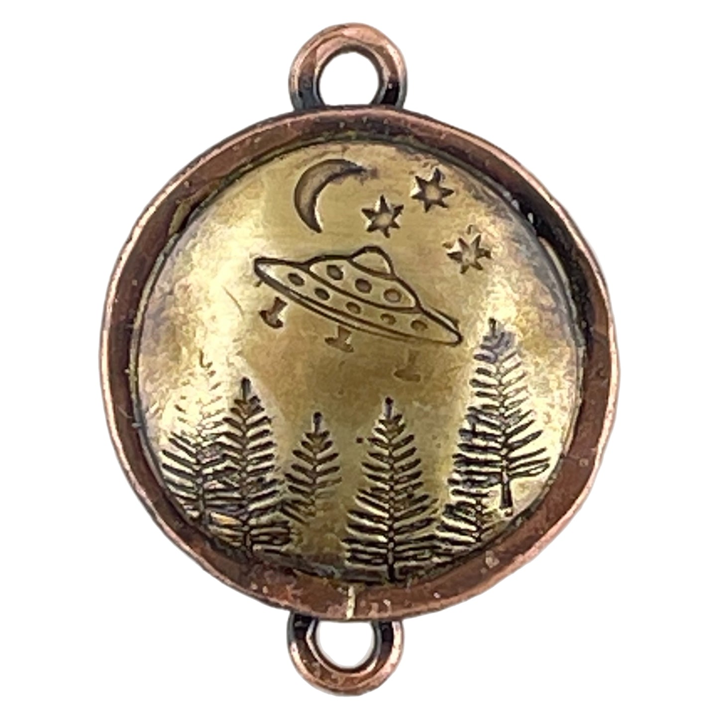 Handcrafted copper and brass spaceship pendant link hovering over pine forest with stars and crescent moon