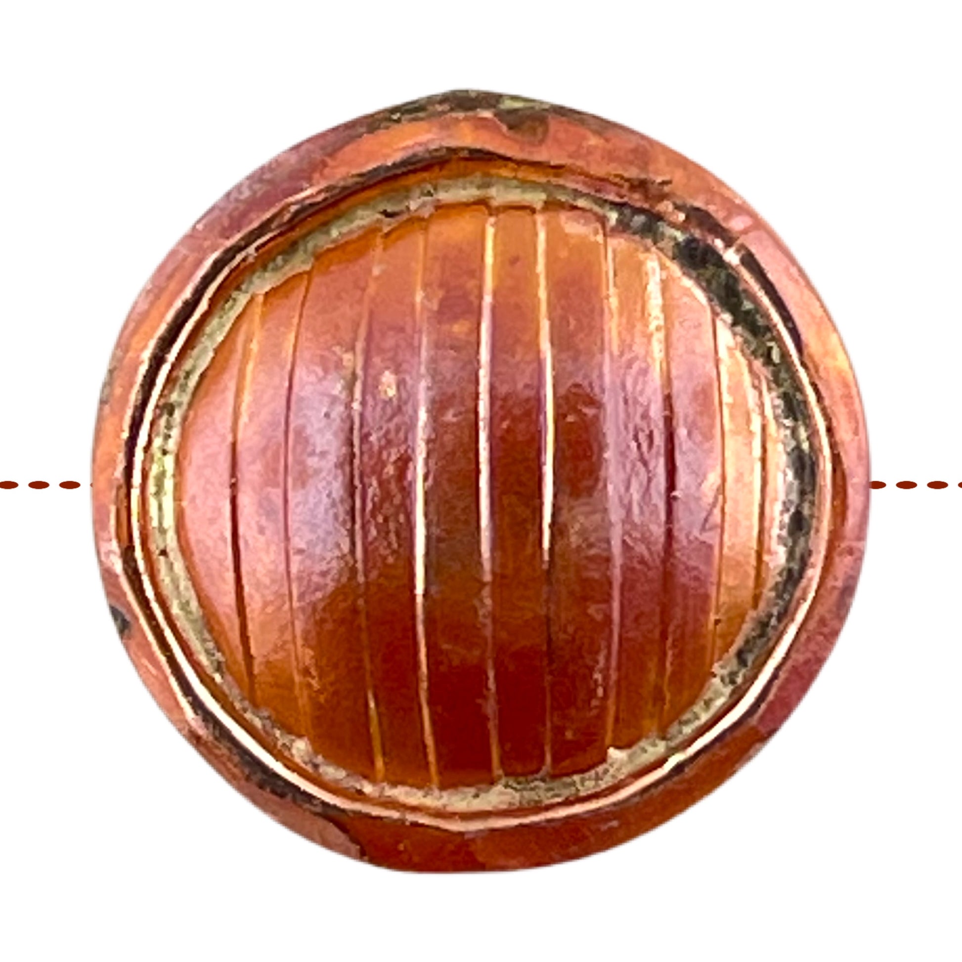 Rounded copper bead with hand-stamped texture and orange-red flame patina