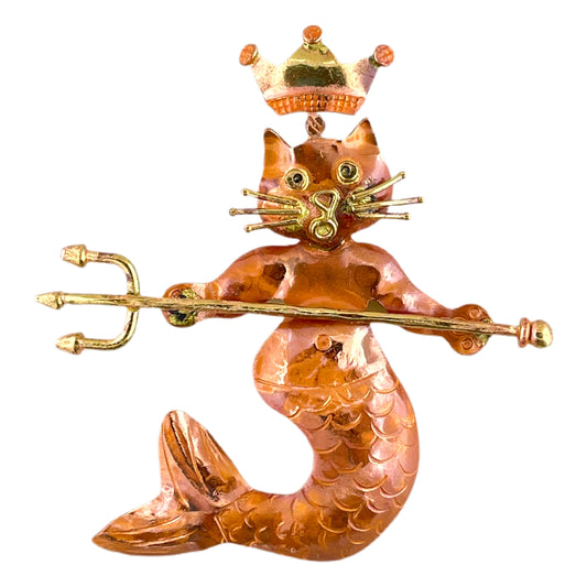 Copper Cat Queen Neptune pendant with crown, trident, mermaid tail, and brass accents by Patricia Healey.