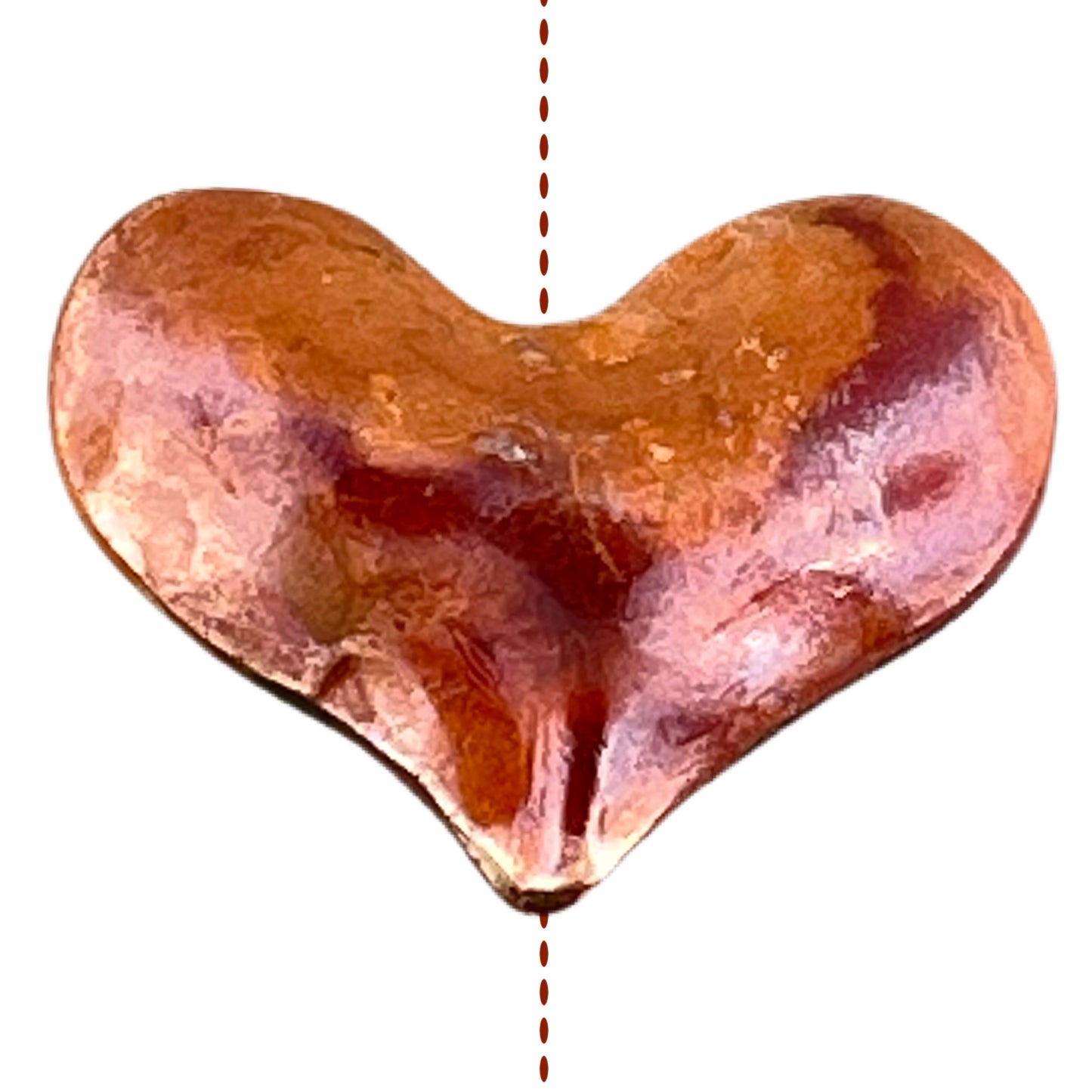 Double-sided medium copper heart bead with rounded form and red-orange patina