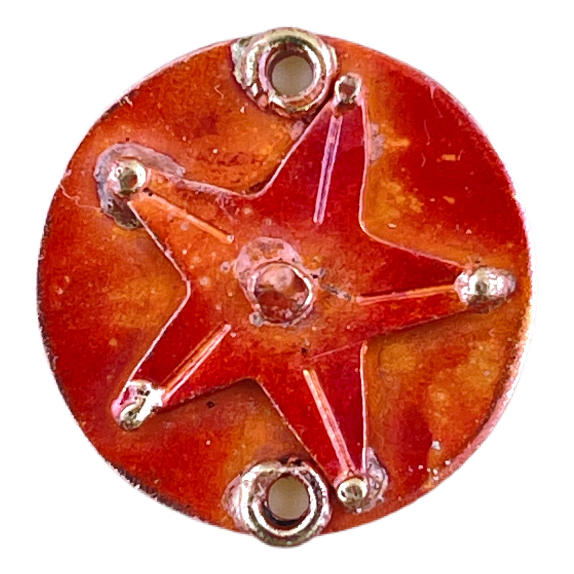 Handmade copper star link with red-orange flame patina and brass accents, ideal for jewelry connectors by Patricia Healey