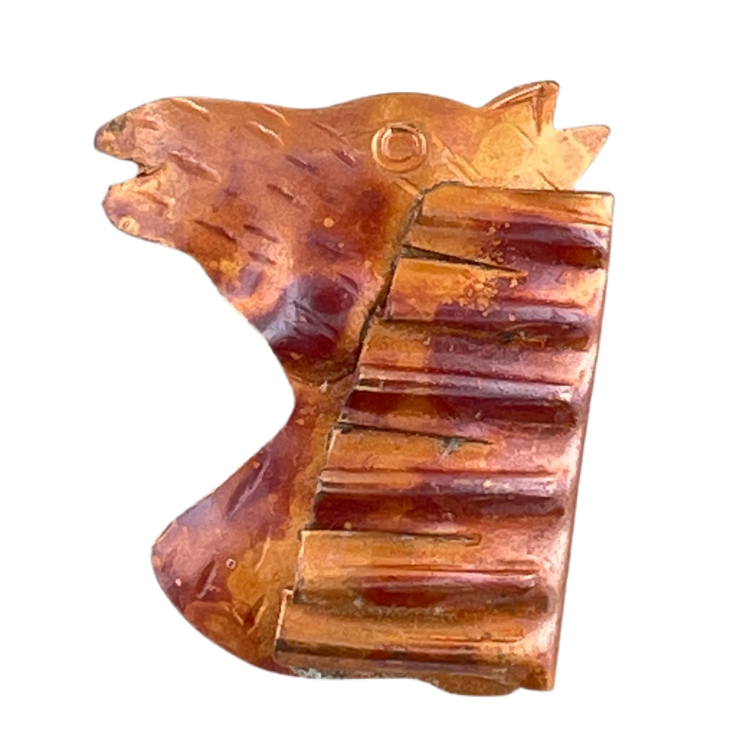 Handcrafted copper horse head pendant with red flame patina and stamped detail by Patricia Healey