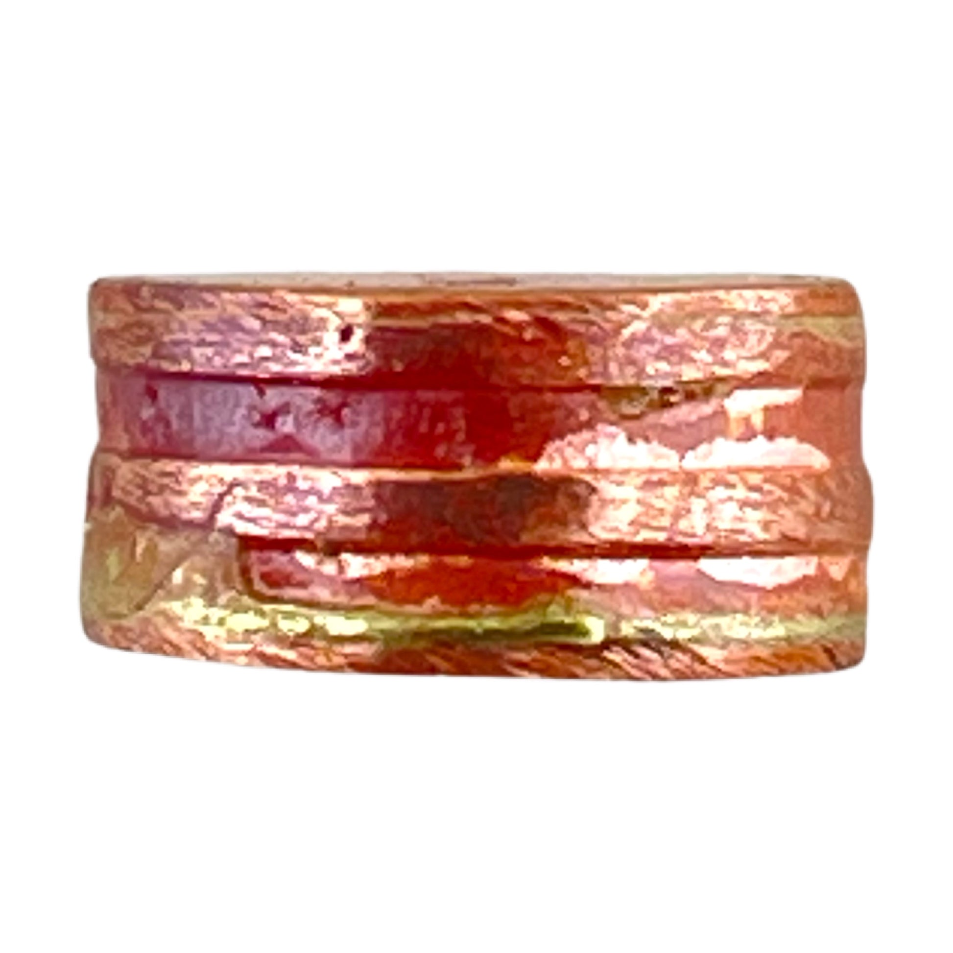 Extra small handcrafted copper barrel bead with red-orange patina and rustic texture