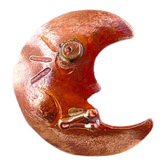 Handmade small copper crescent moon charm with brass accents and torch-fired red-orange patina by Patricia Healey