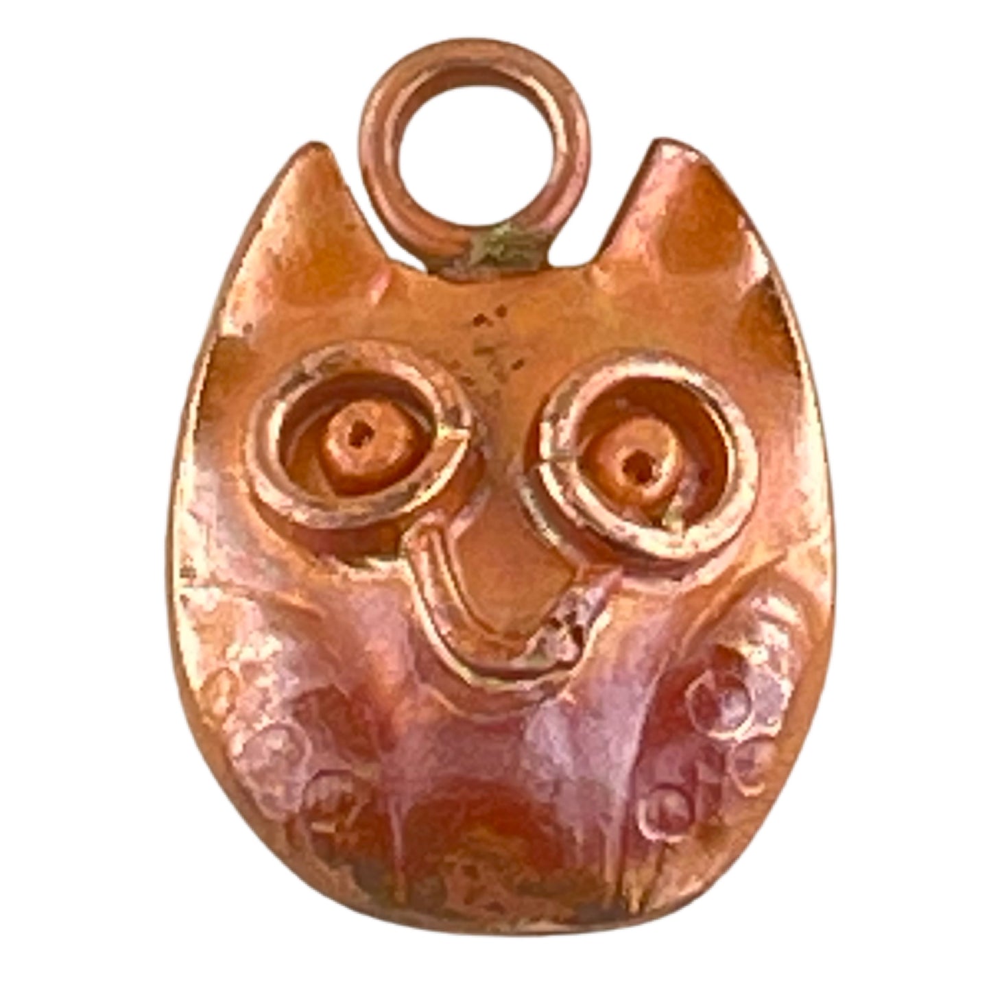 Tiny copper owl charm with hand-stamped wings and textured eyes in red-orange flame finish