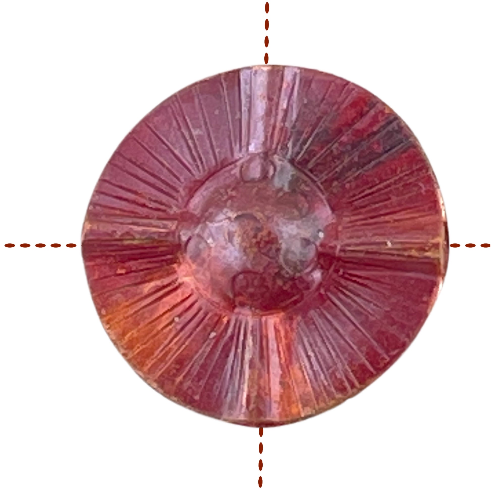 Copper circle bead with two holes and floral repoussé design in red-orange patina