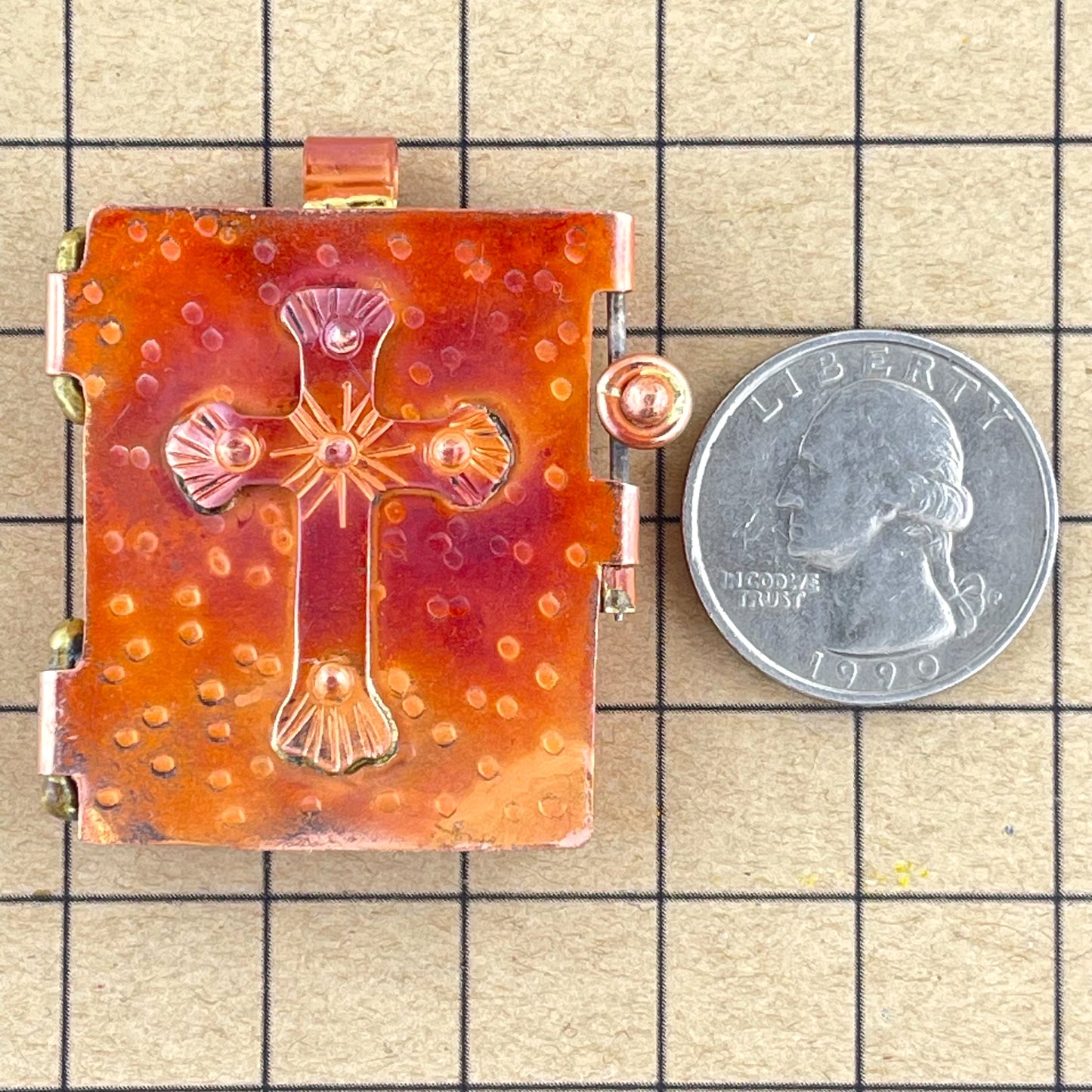 Copper Locket Pendant with Sculpted Cross and Brass Accents