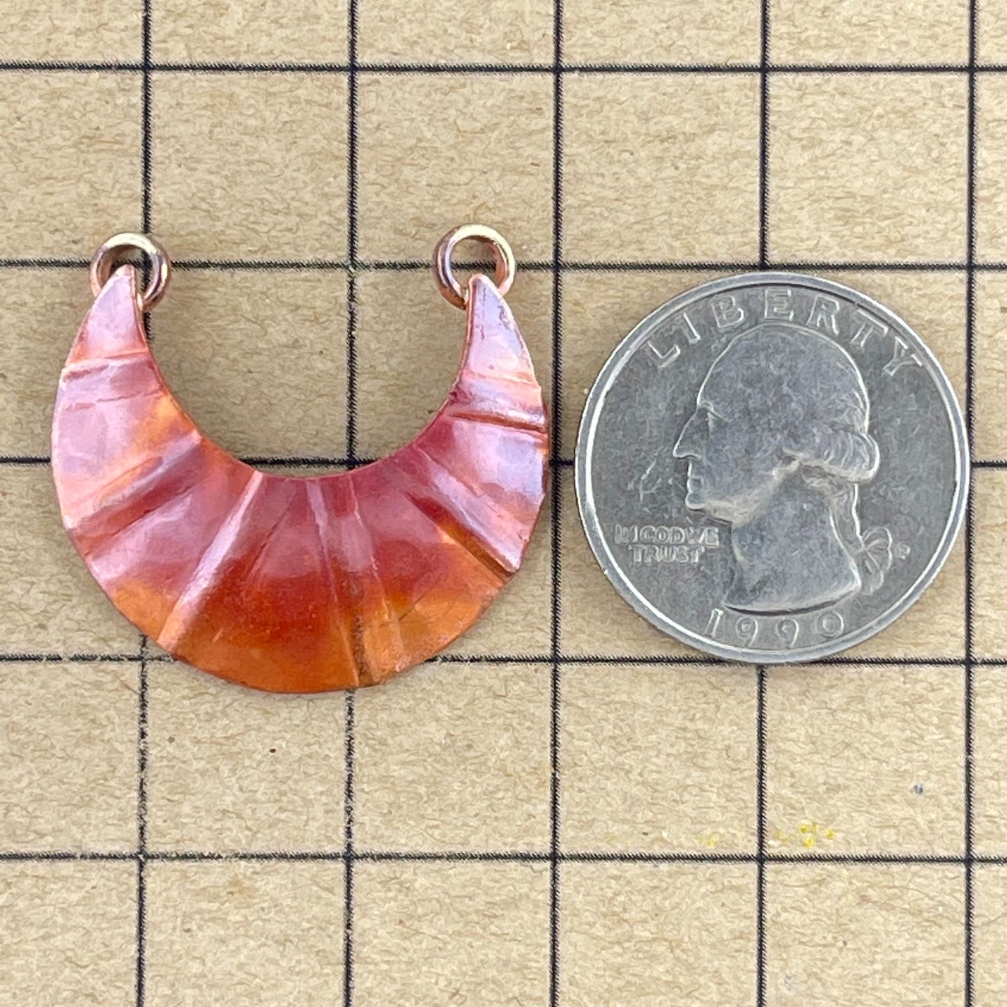 Small Ribbed Copper Crescent Pendant with Brass Rings