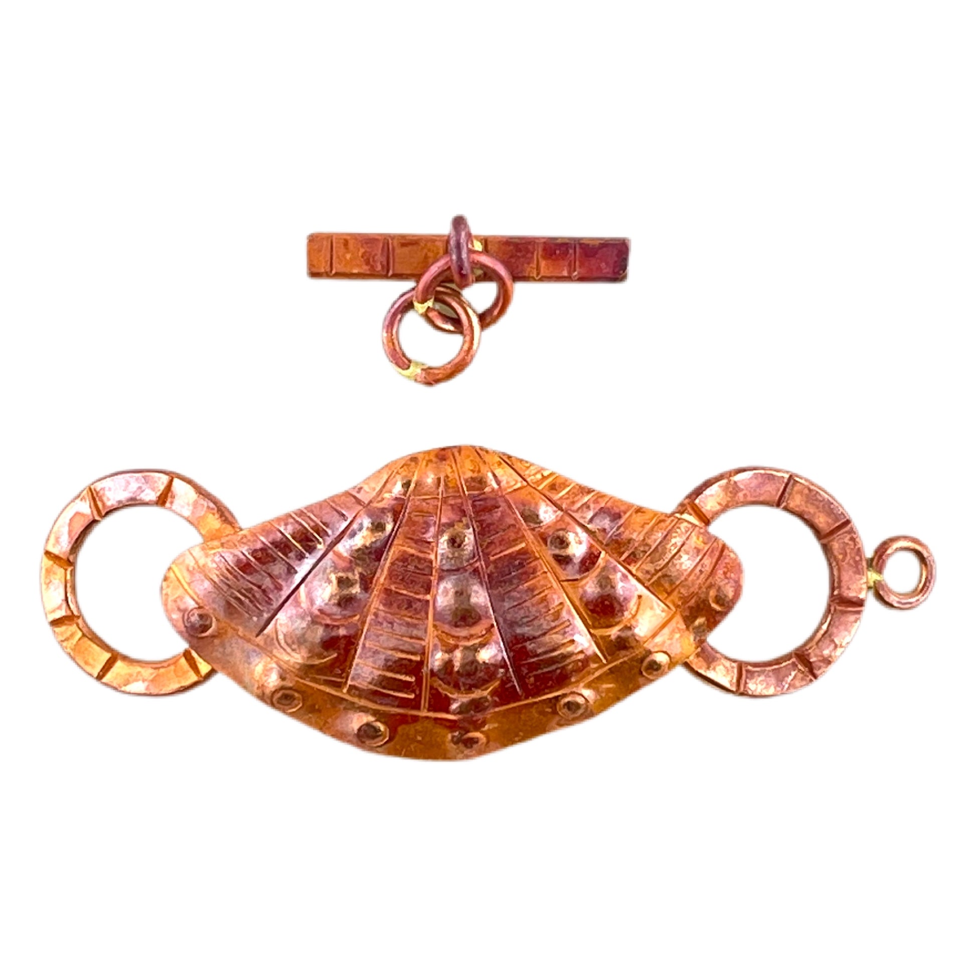 Handmade copper toggle clasp with scallop shell and flame patina finish