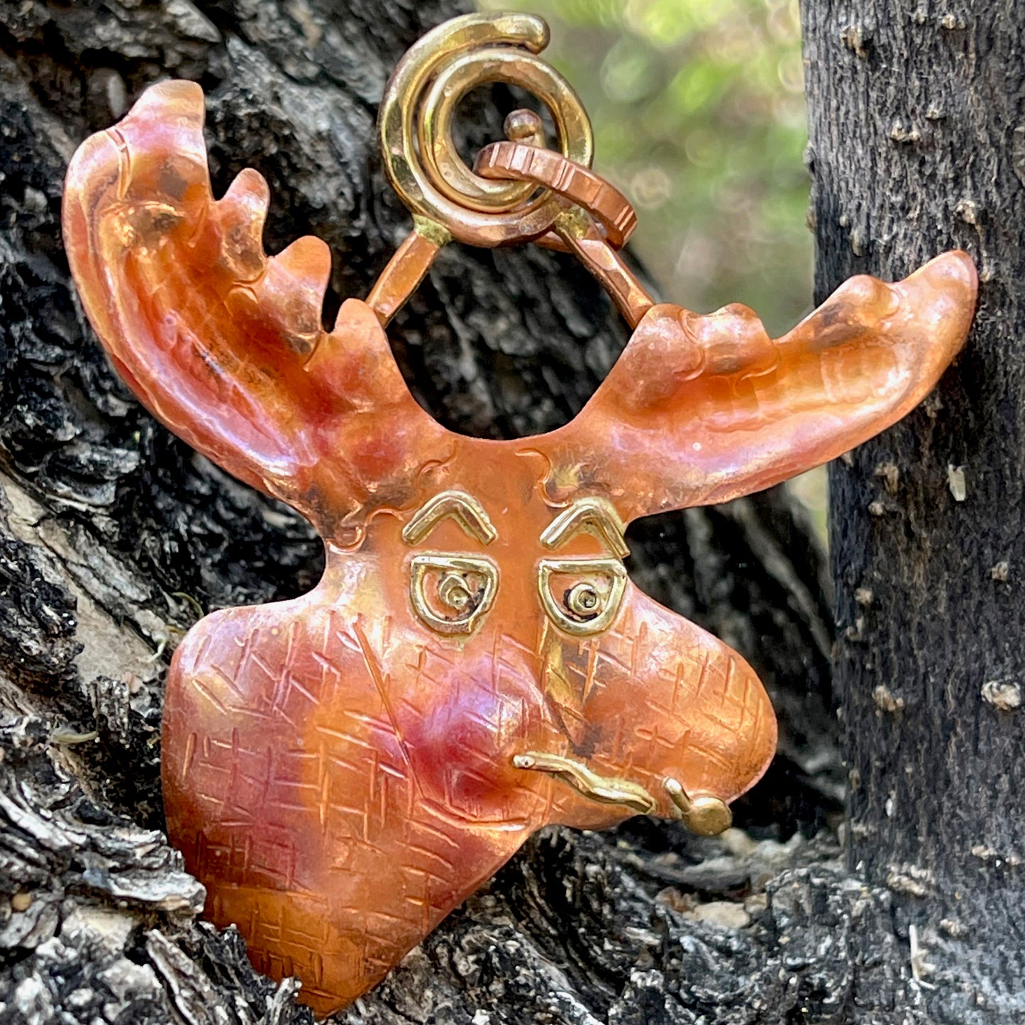Moose Pendant in Copper and Brass with Spiral Bail