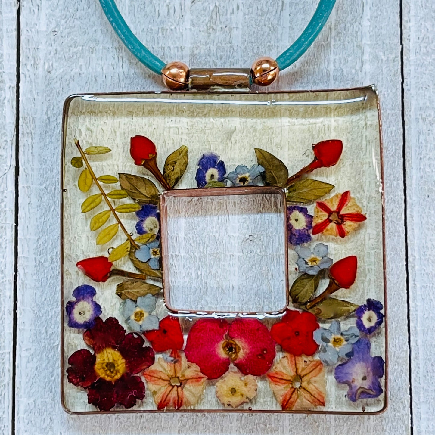 Flower Filled Square Pendant Necklace with Adjustable Leather Cord