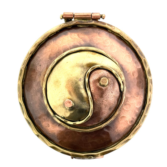 handcrafted copper yin-yang keepsake box with antiqued patina and brass accents