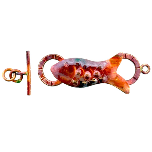 Handmade copper fish toggle clasp with flame-torched finish and matching bar