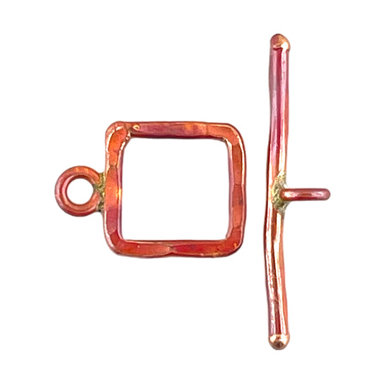 Handmade small square copper toggle clasp with hammered red patina finish