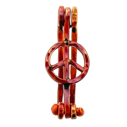 Copper peace symbol doughnut bail with hinge, torch-heated red patina, designed for donut pendants