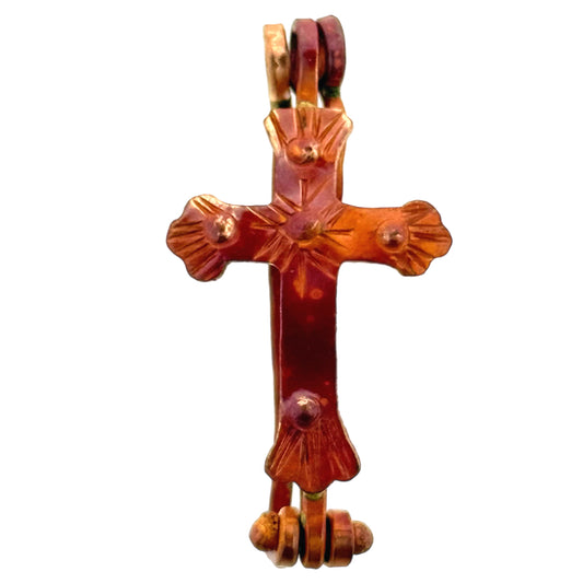 Copper cross design doughnut bail with hinge, torch-heated red patina, for donut pendant necklaces