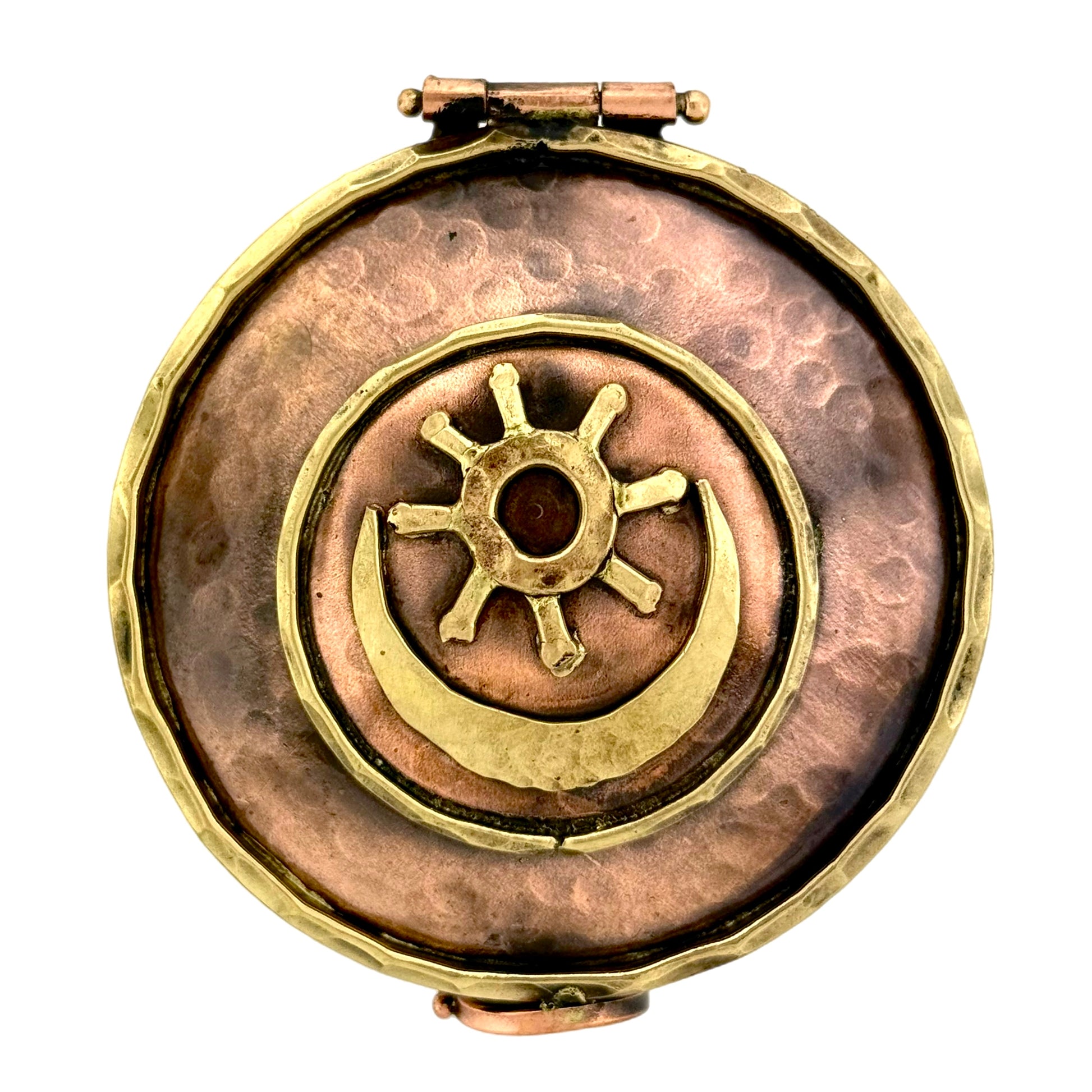 Handmade copper and brass keepsake box with Native American sun and moon symbol, spiral clasp, and antique patina
