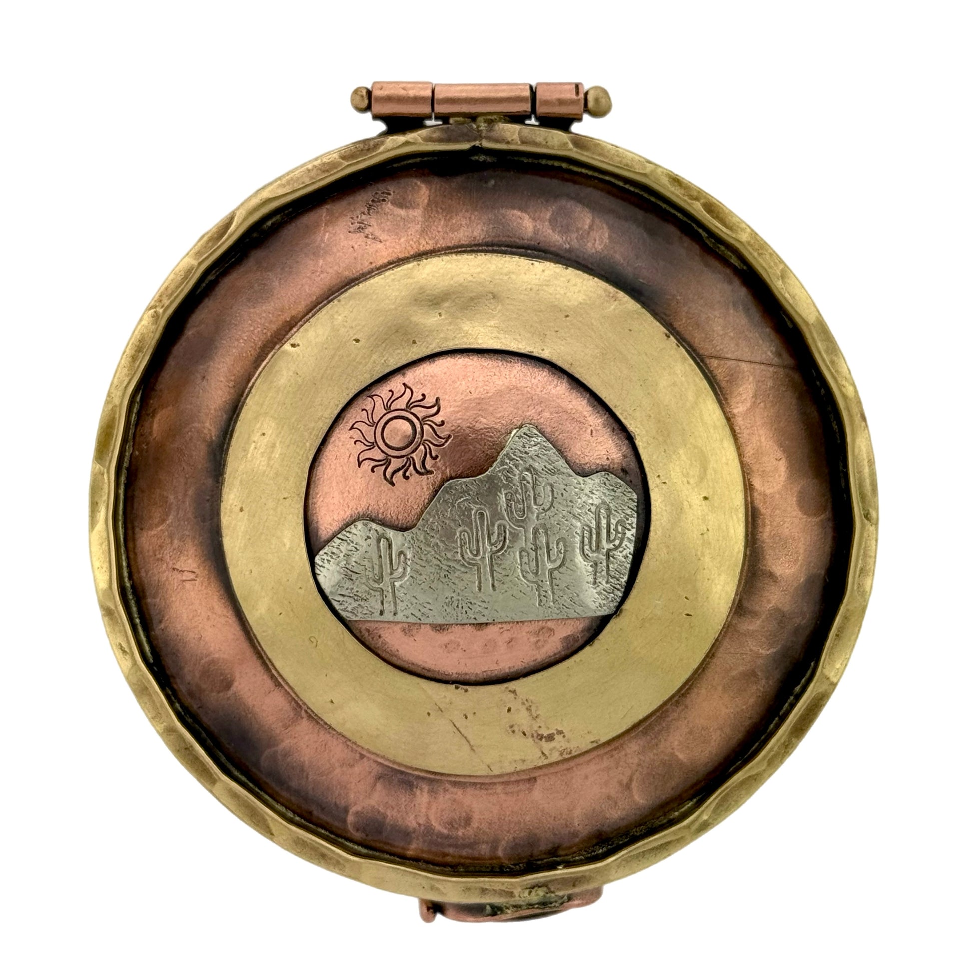 Handmade copper, brass, and silver keepsake box with desert mountain scene, sun, and saguaro cactus design