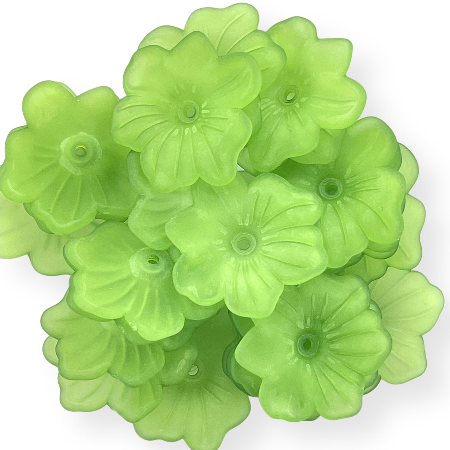 Set of 24 bright green translucent lucite flower beads with petal details for jewelry making