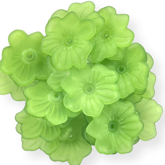 Set of 24 bright green translucent lucite flower beads with petal details for jewelry making