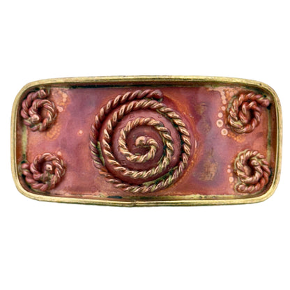Raised copper spiral slider with twisted rope texture and red patina, framed in brass, designed for 10mm flat leather bracelet
