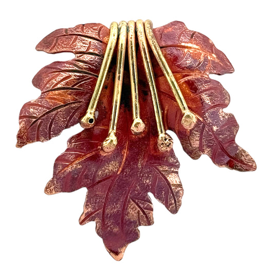 Handcrafted copper maple leaf pendant with brass stems, flame-finished red patina, artisan jewelry design component