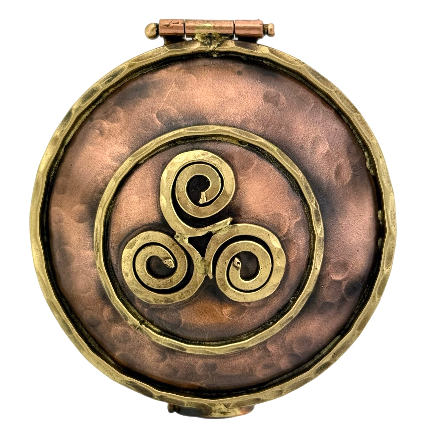 Handmade copper and brass keepsake box with Celtic Triskele three-spiral symbol and spiral clasp