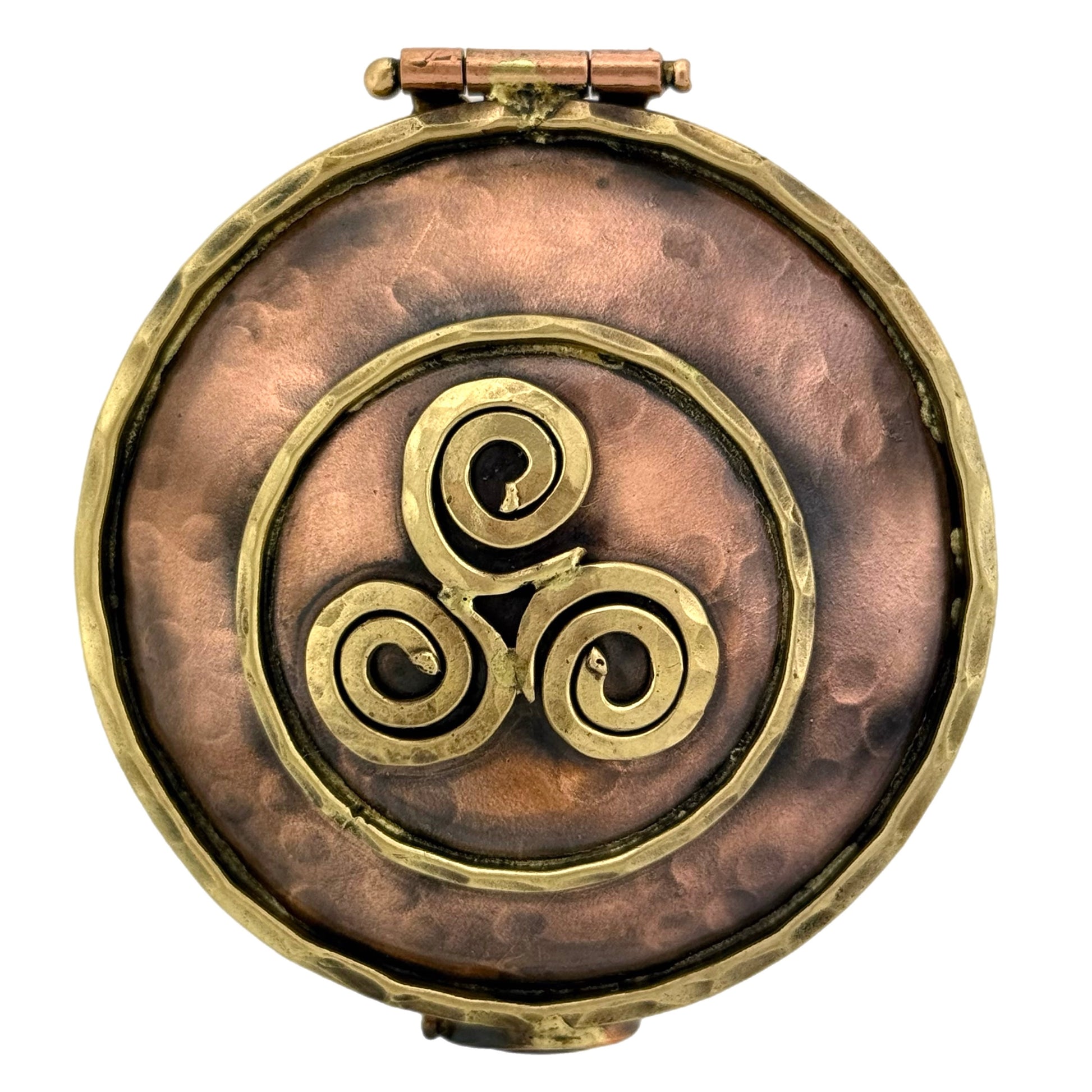 Handmade copper and brass keepsake box with Celtic Triskele three-spiral symbol and spiral clasp