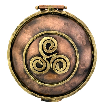 Handmade copper and brass keepsake box with Celtic Triskele three-spiral symbol and spiral clasp