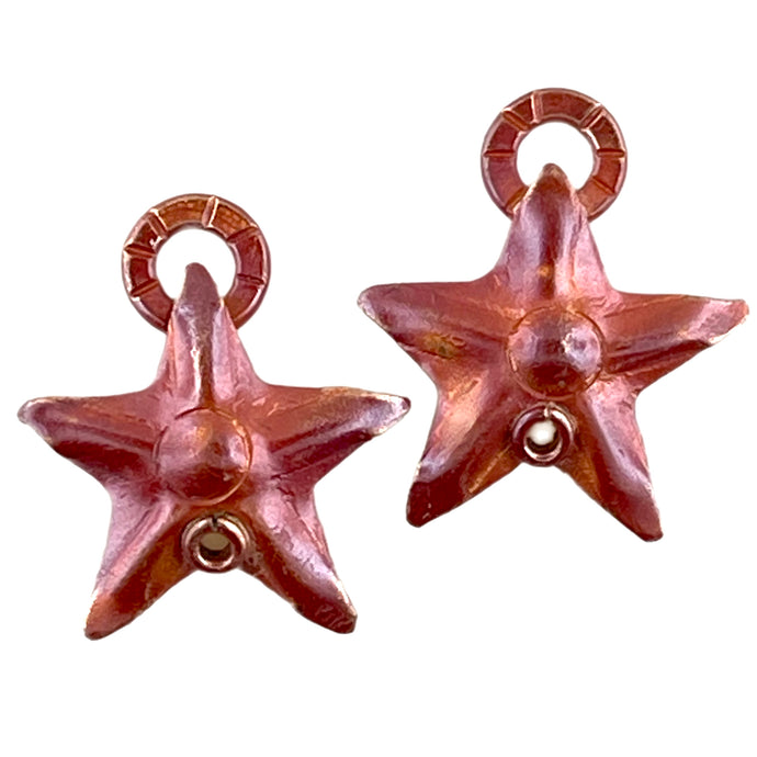 Handmade copper star earring component with glowing patina and drill hole for dangles