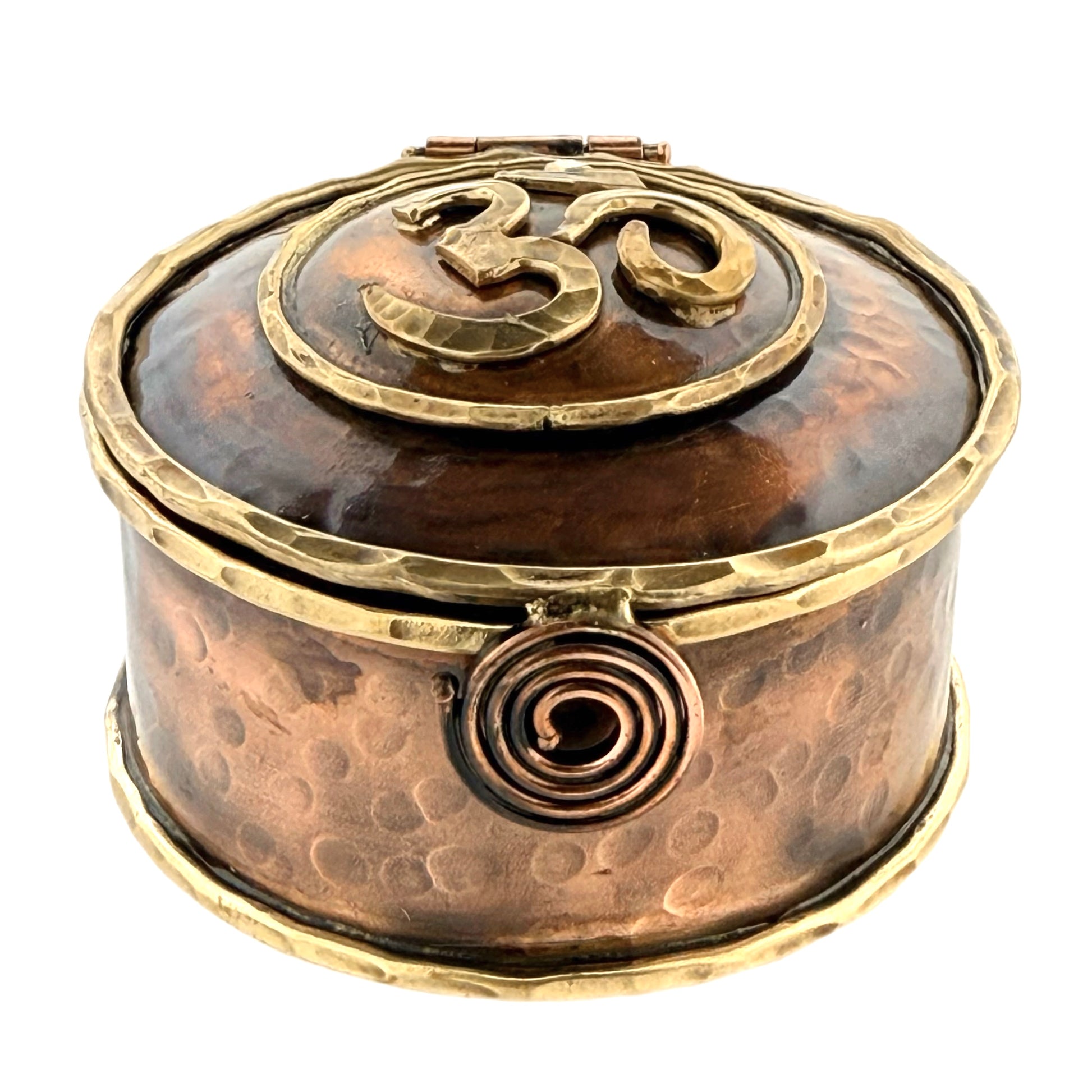 handcrafted copper Om keepsake box with antiqued patina and brass accents
