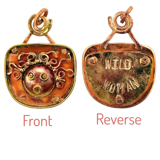 Reversible Copper Pendant with "WILD WOMAN" and Whimsical Face