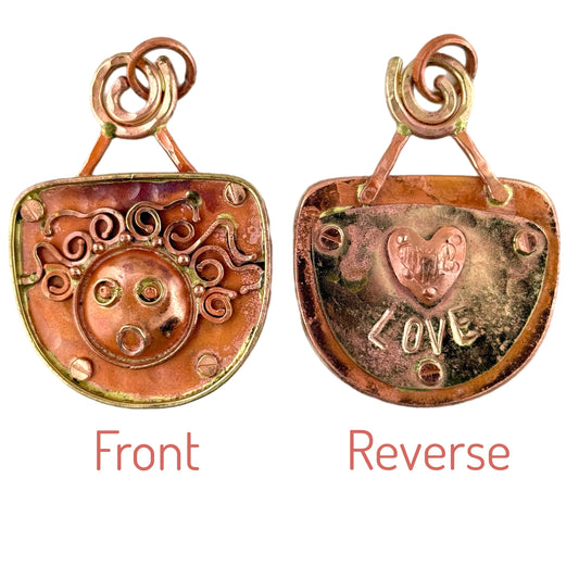 Reversible Copper Pendant with Crazy Haired Lady and LOVE Heart