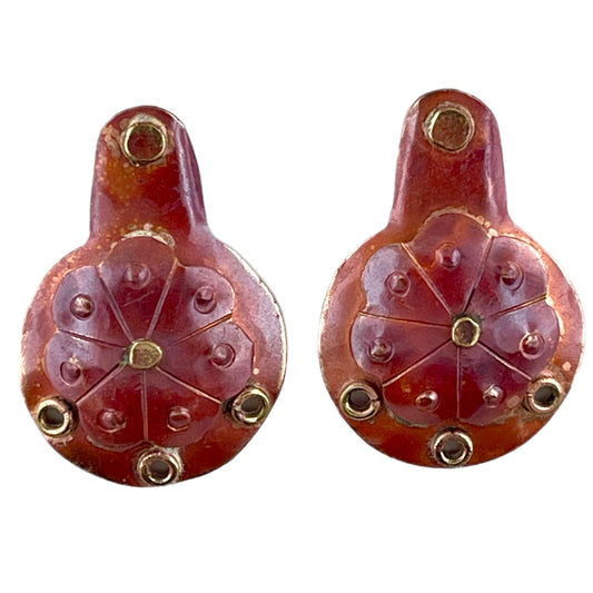 Copper floral repoussé earring components with brass accents and sterling silver posts with silicone backs