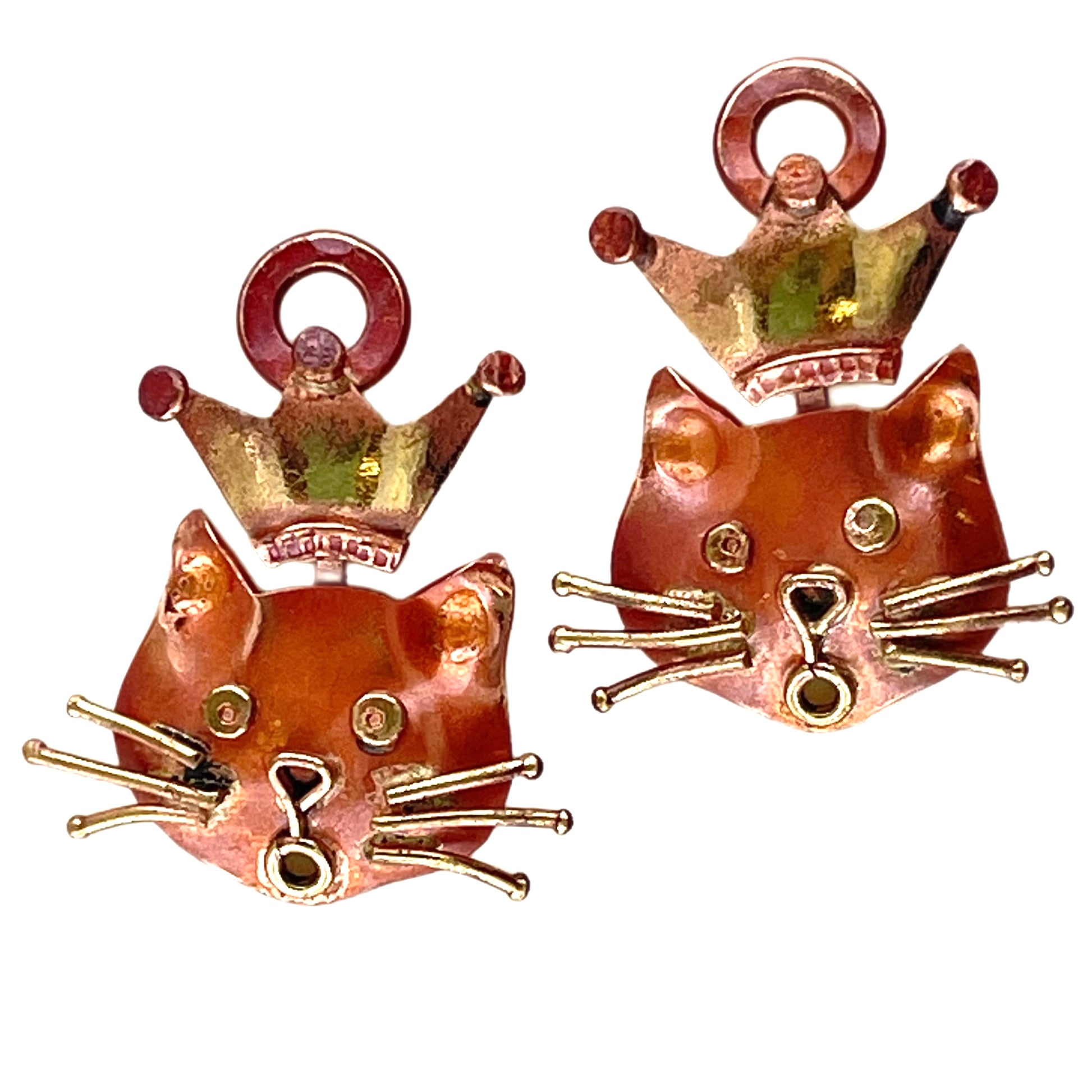 Copper crowned cat components with brass accents and red flame patina, handcrafted by Patricia Healey with expressive feline charm.