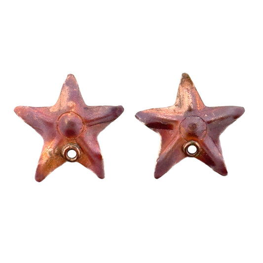handmade copper star post earrings with brass accent ring and sterling silver posts