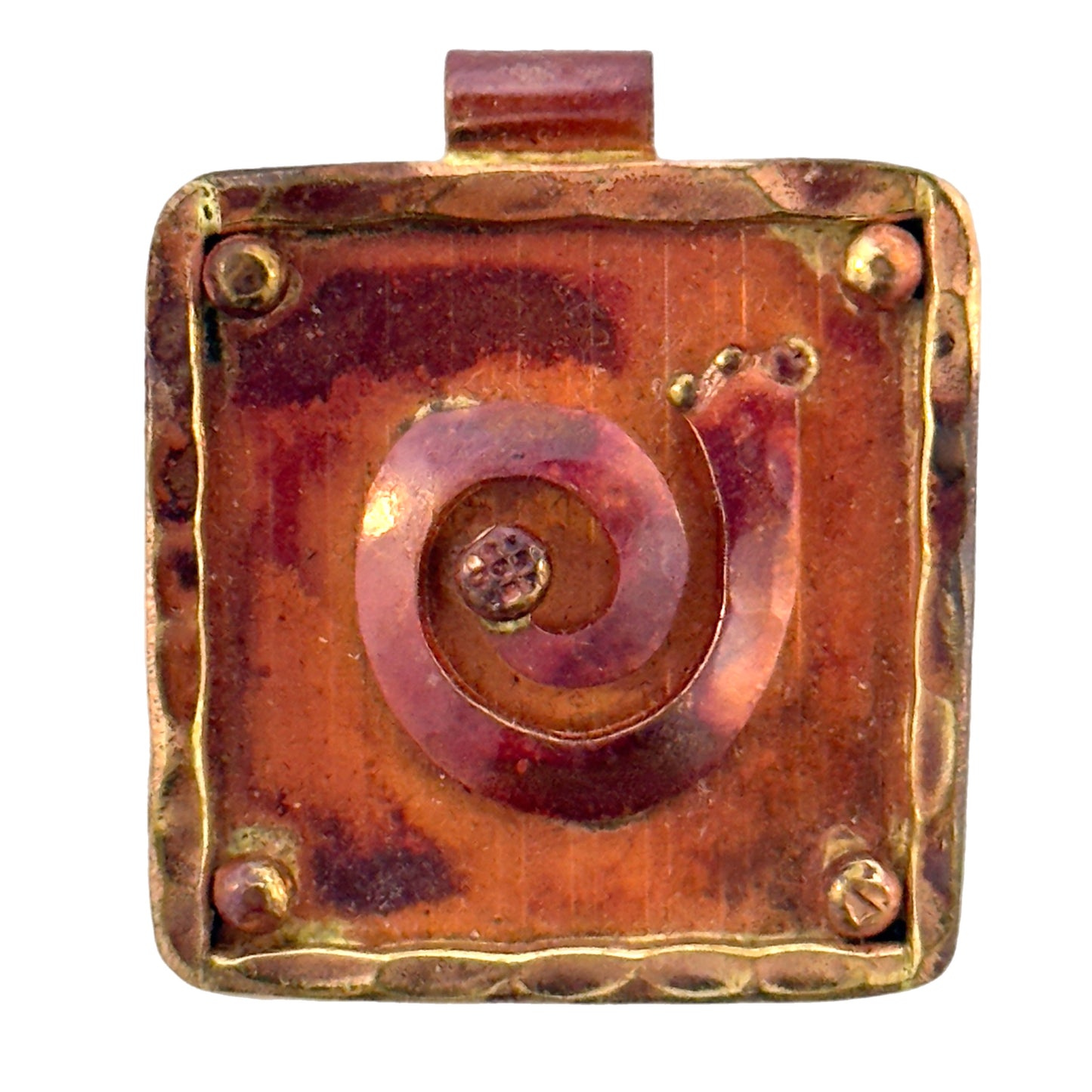 Handmade copper and brass pendant with raised spiral design, square shape, and flame-finished surface.