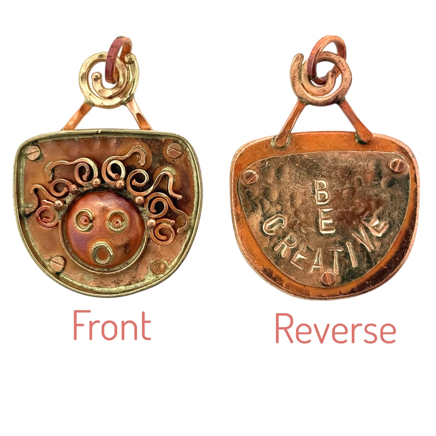 Reversible Copper Pendant with Crazy Lady and "BE CREATIVE" Message