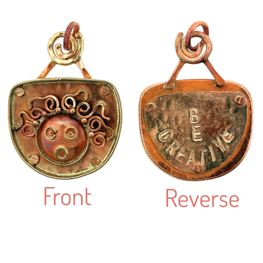 Reversible Copper Pendant with Crazy Lady and "BE CREATIVE" Message
