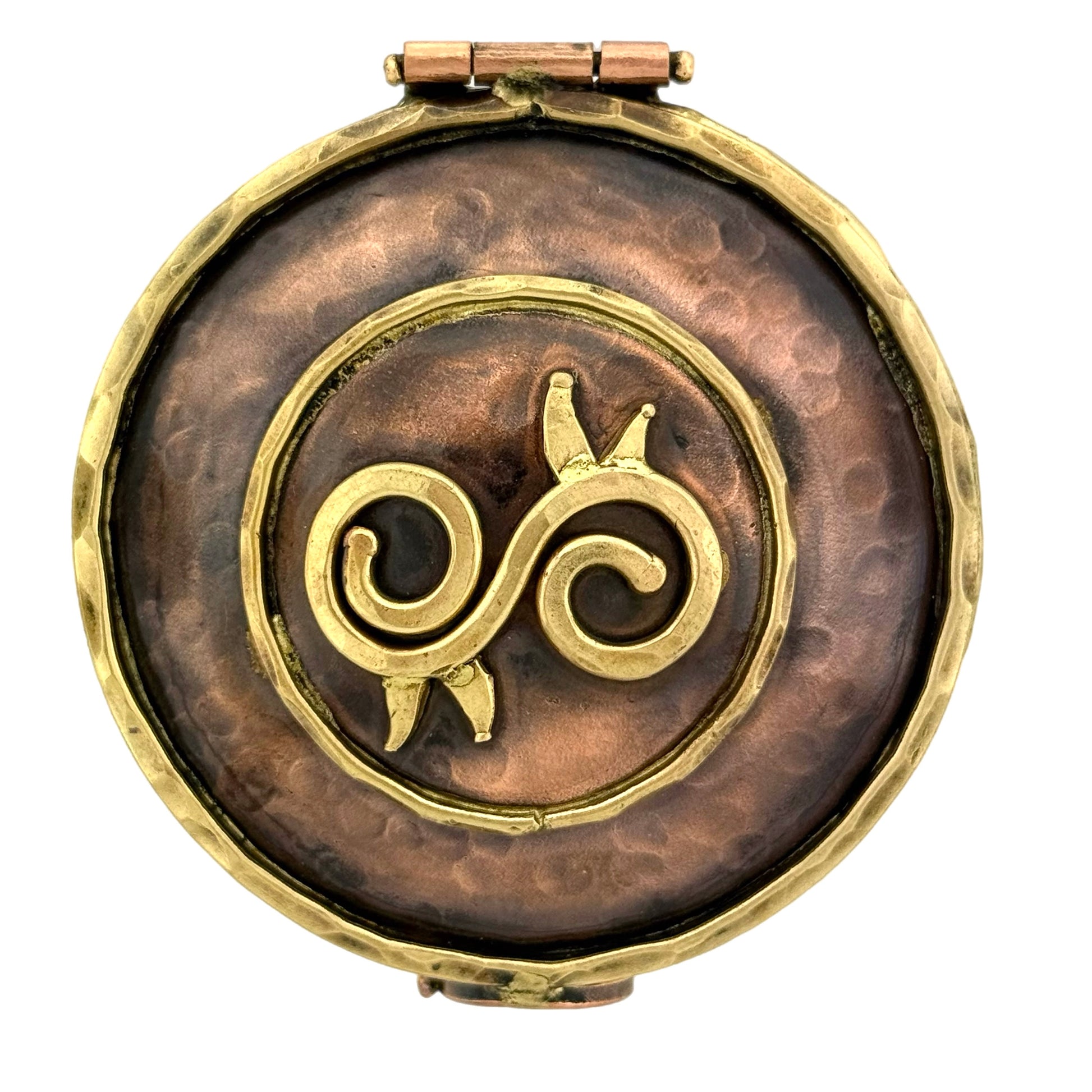 Handmade copper and brass keepsake box with Ahoden West African symbol of strength, spiral clasp, and antique patina