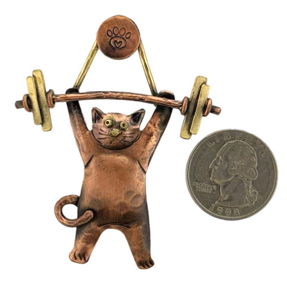 Weightlifting Cat Pendant in Copper & Brass | Handmade Fitness Cat