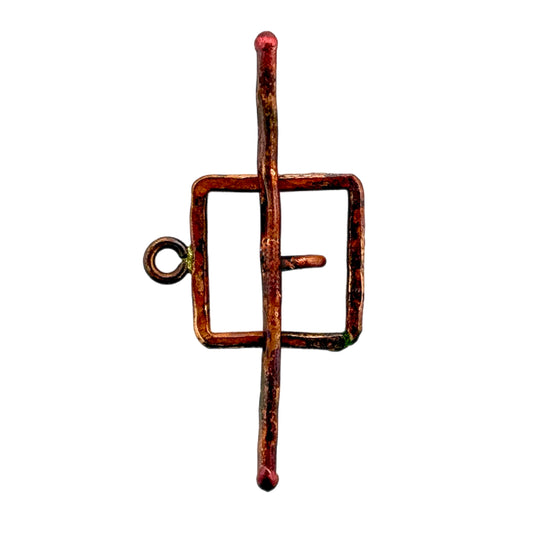 Handmade medium square copper toggle clasp with hammered bar and red patina finish