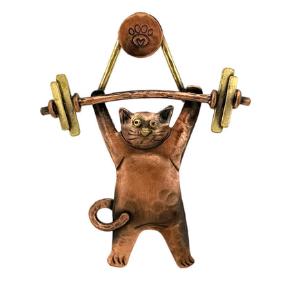 Weightlifting Cat Pendant in Copper & Brass | Handmade Fitness Cat