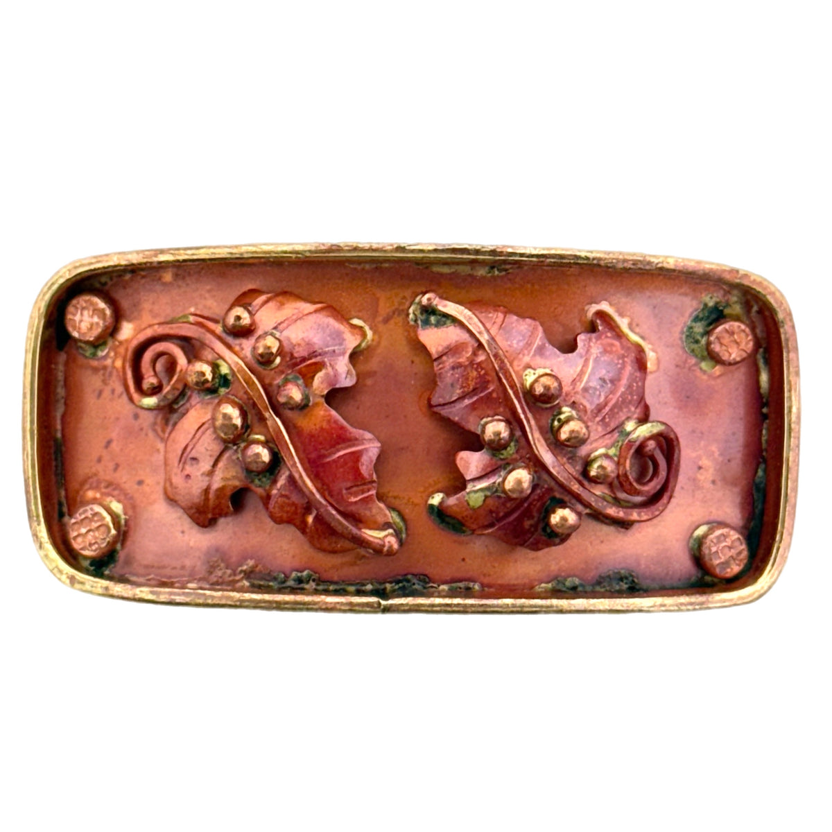Copper slider with two raised maple leaves and brass accents, curved to fit 10mm flat leather bracelet