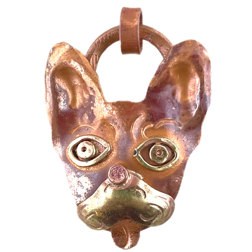 Handcrafted Frenchie bulldog pendant in copper with brass snout and eyes, red flame patina by Patricia Healey for dog lovers and artisan jewelry