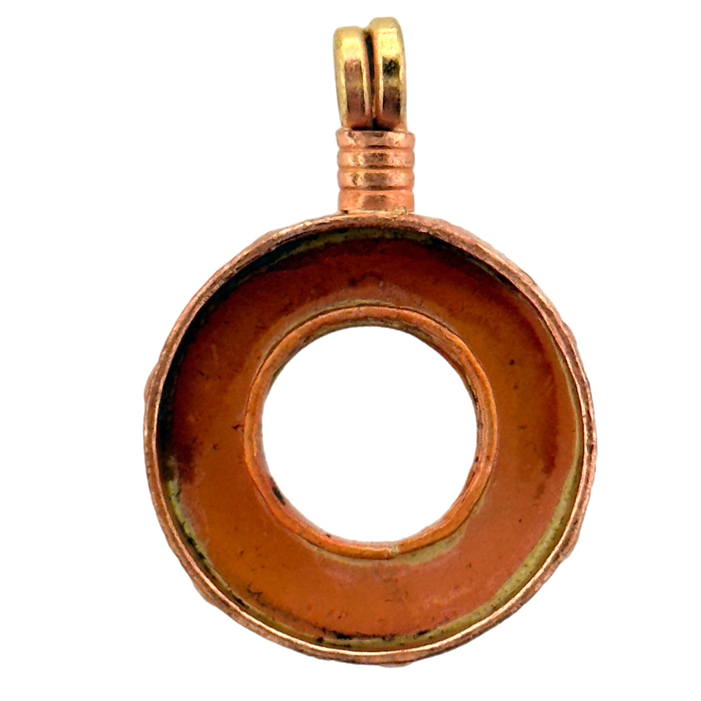 Small handmade copper and brass bezel pendant with open center for resin, mosaic, or stone inlay jewelry